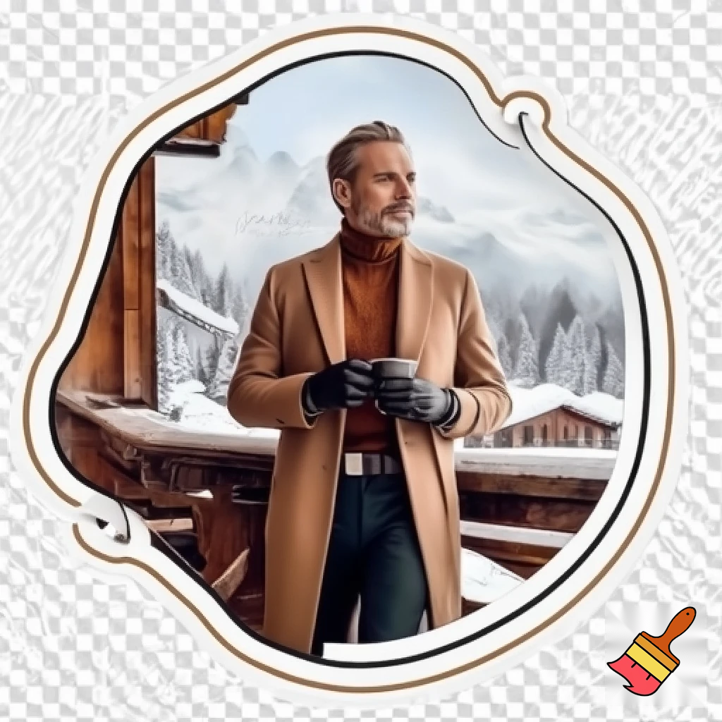 Round illustrated sticker with transparent background and elegant fluid border. A stylish sixty years old man stands on a wooden chalet-style balcony, surrounded by a snowy alpine landscape. He wears a tailored camel overcoat, brown turtleneck sweater, dark trousers, and black leather gloves. A belt with a metallic buckle cinches his waist. He holds a black cup and gazes into the distance with a contemplative expression. In the background: snow-covered trees and rooftops, misty mountains, and soft diffused light. The atmosphere is luxurious and serene. Text: “Buongiorno Brizio” 