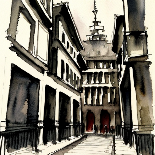 City inspired in the german expressionism architecture, exagerated forms, surreal buildings and deformed lines. Dark tone