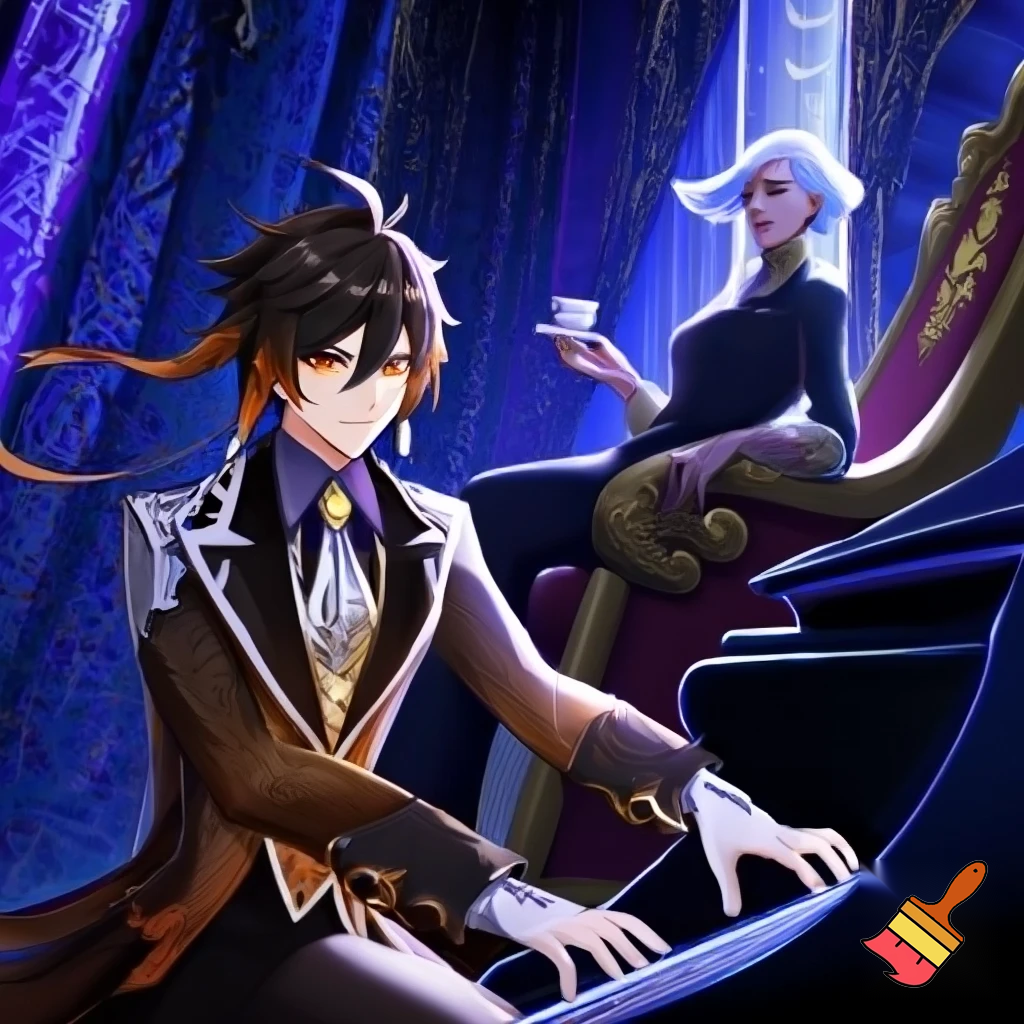 Чжунн Ли и Арлекино на обложке журнала. Оба персонажа из Геншина. Чжун Ли играет на рояле. Арлекино сидит на рояле и пьет чай
