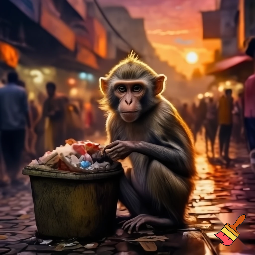 A thin, sad little monkey sitting beside a garbage bin in a small Indian market street at sunset, slightly wet ground after rain, people walking in the background ignoring him, cinematic lighting, emotional atmosphere, realistic art style.