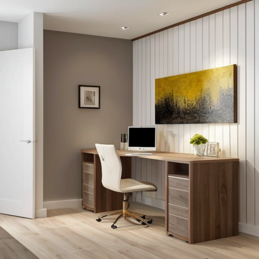 generate an interior picture of a commercial room , The second photo is the most suitable of the ones presented
commercial premises, with a 2.5-meter-long and 2.7-meter-high wall on the left, with 5 4-centimeter-wide pecan-colored boards on the left and right edges of the wall, and black wallpaper with gold-colored thin stripes in between. There is also a 60-centimeter-wide and 2-meter-high decorative panel with a floral pattern, and a 60-centimeter-wide and 2-meter-high mirror. the second wall begins with 50 cm of 4 cm wide pecked walnut-colored slats, followed by a 1.80 m long and 1.3 m high counter with a glass in the middle that is illuminated from the inside with yellow light, then 90 cm of slats that are pecked at regular intervals, and the wall ends with a door that matches the color of the counter. The third wall is covered with decorative plaster. Design this room in a modern and stylish manner.