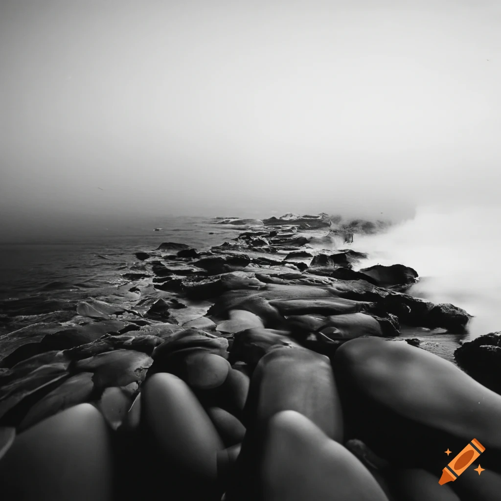 black and white film photo of rocky sea shore, heavy wind, splashing waves, mist, fog, lighthouse