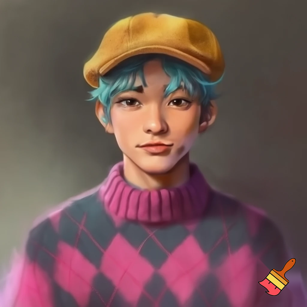 A young man with fluffy, short, blue-gray or turquoise hair and pale skin. Looks to be 24, he wears stylish yellow newsboy cap and pink argyle oversized sweater. 