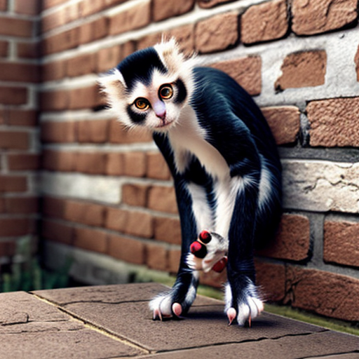 Create a image with a cat and a spider monkey jumping of the side of a brick wall