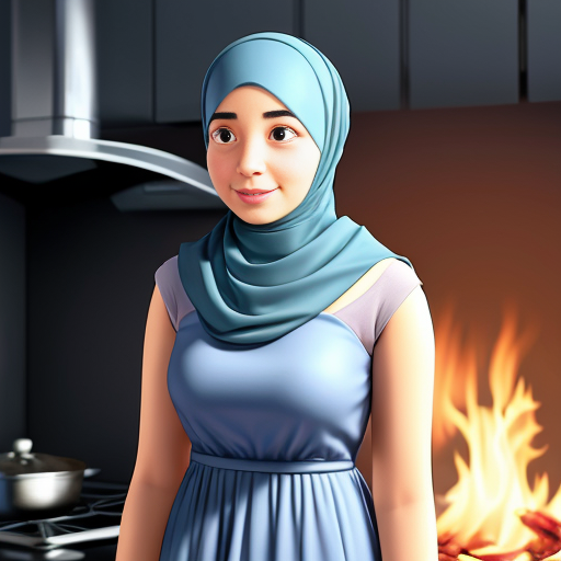Pixar-style cartoon, Muslim woman 35-40, fully covered wide light blue dress, headscarf covering hair, modest, standing at stove cooking, gray background, no sexualized features, simple cartoon style