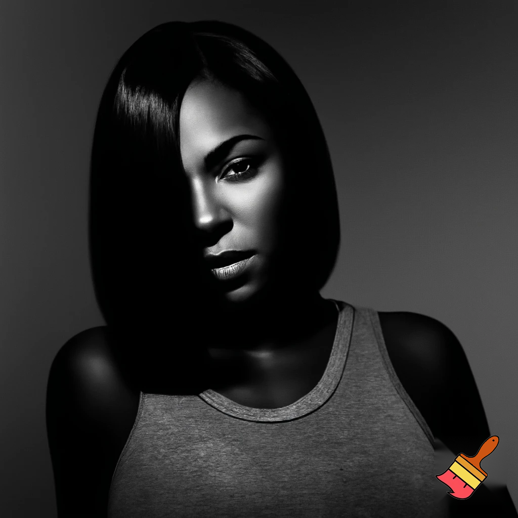 Black and white image of Ashanti Wearing a grey tank top and black bra and has a sleek middle part bob hair