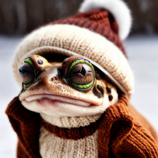 A laughable, puzzled animal toad in woolen, multicoloured winter clothings with woolen winter cap. Hyperrealistic art style.