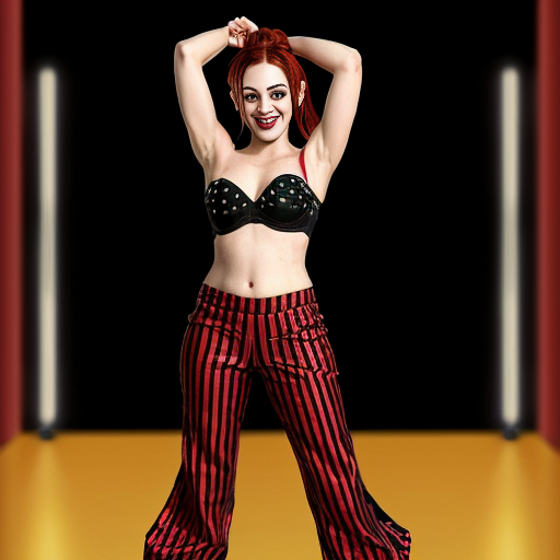 90's disney's 2d aladdin style comic black background and panels of 
panel 1 Harley Quinn with light black and red striped harem pants and bra and black and red curved slippers with both hand palms place together and hiding the bottom of her mouth with a light black and red striped veil wrapped around her arms and shoulders. 
panel 2 she danced with light black and red striped harem pants with light black and red striped bra and red and black curved slippers and with light black and red striped veil wrapped around her arms and shoulders and raising legs and bounced up and down her belly and shook her hips left and right. 
panel 3 as Harley Quinn with light black and red striped harem pants and bra and red and black curved slippers and with red and light black striped veil wrapped around her shoulders and arms and spreading her arms, happily revealing her face to the viewer and giving a smile as she shook her belly left and right. 
Panel 4 Harley Quinn with light black and red striped harem pants and bra and black and red curved slippers and with light black and red striped veil wrapped around her shoulders and arms has started to fading away , except her belly, which is bouncing around and growing. 
Panel 5 then the ball transforms into the fading in belly of Giant red haired giganta barefoot with dark yellow spotted yellow harem pants and bra and dark yellow spotted yellow veil wrapped around her arms and shoulders with her swaying her hips. 
Panel 6 red haired giganta barefoot with dark yellow spotted yellow harem pants and bra and dark yellow spotted yellow veil wrapped around her arms and shoulders then she is flexing her muscled arms.