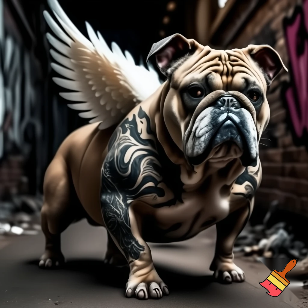 Gangster dog with tattoos and with angel wings