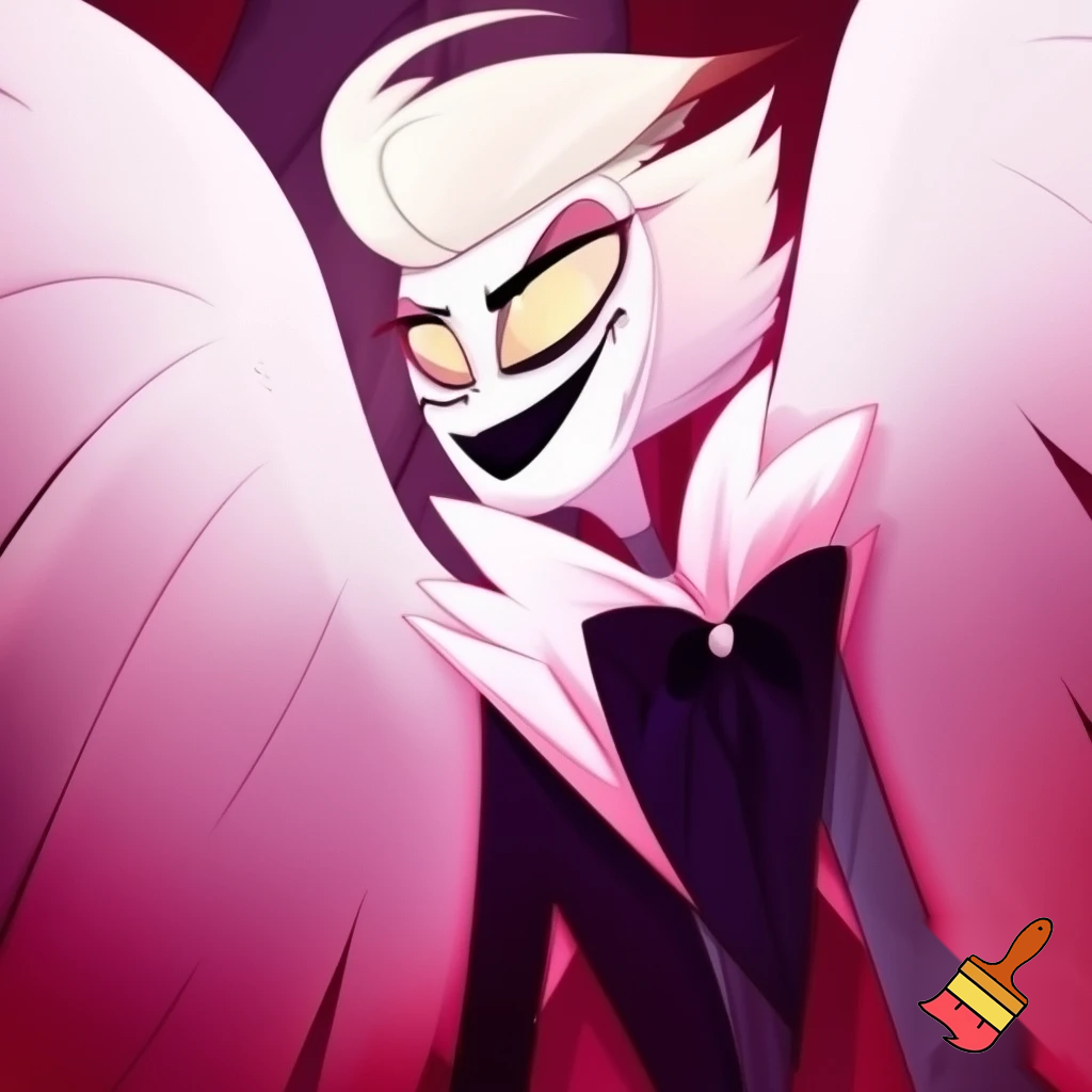 A Male humanoid white-skinned angel with pale yellow-golden eyes, black lips, and short pale white hair that has been cut into an asymmetrical bob cut with an undercut. He has a kind face, wears different clothing, and white wings. Full Body from the head-to-the feet. Hazbin Hotel Animation.