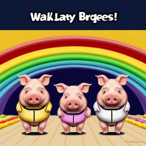 3 pigs who are roomates are walking on a rainbow bridge that oepens up to candy land
