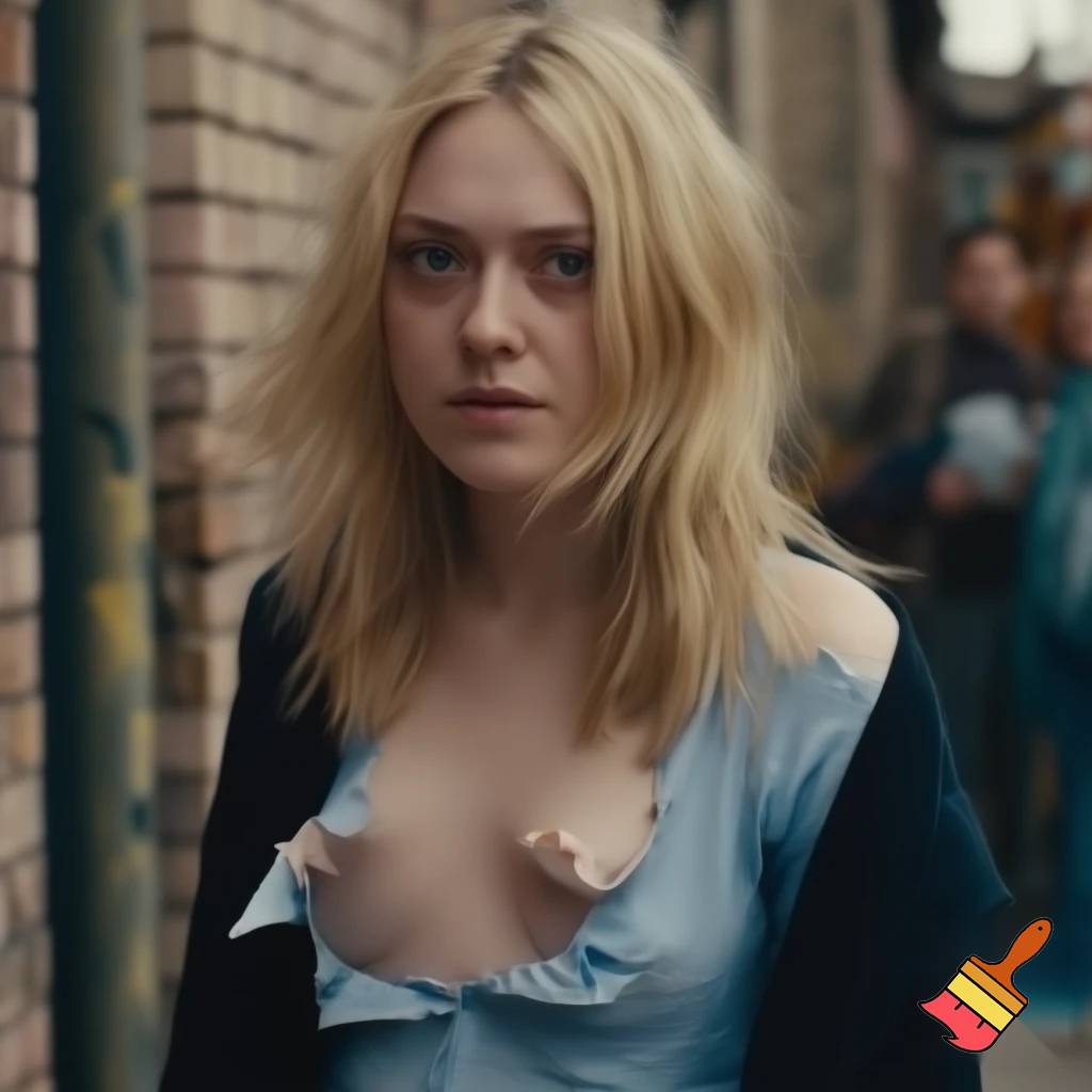 Dakota Fanning, various poses, torn clothes, street scene, close up shot, breast exposed, 