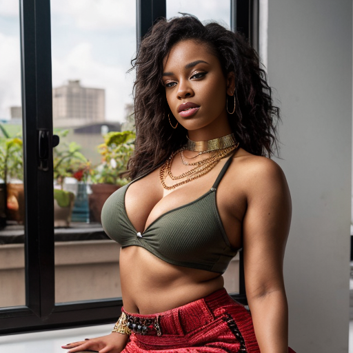 
Scene: A minimalist urban setting with potted plants.
Mood: confidence and sexy.
Expression: Dressed in a red sleeveless deep low cut top and long red slit skirt, showcasing her Full curvy belly and thick thigh with a gold waist chain, the woman poses with one leg raised. She looks directly at the camera with a bold, self-assured gaze.