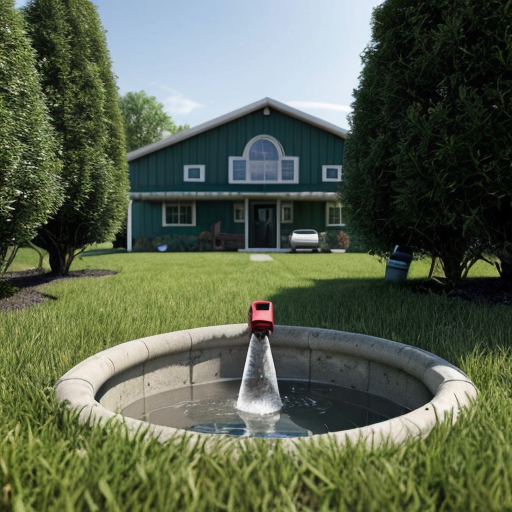 Draw a picture consisting of two parts: an underground part and an above-ground part separated by a lawn line. Under the lawn, there should be soil and a well casing in cross-section (schematic image), with clear, clean water in the well, and a centrifugal well pump suspended on a cable, with the pump submerged in the water and supplying water up a pipe connected to the pump. In the upper part of the image, there is a neat well head above the well, with a small, barely visible pipe leading to a small, cozy, modern-style country house with a gable roof and a terrace. In front of the house, there is a neatly trimmed green lawn, with 3-4 fruit trees (apple trees with light foliage and small fruits) nearby. On the lawn, there is an automatic watering device (sprinkler) in operation.