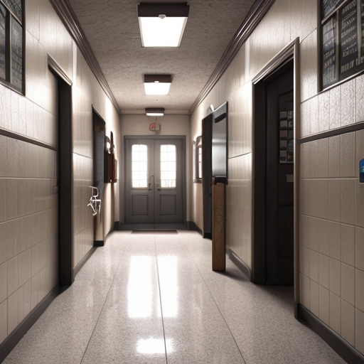 Empty school corridor in the morning, soft sunlight streaming through windows, dust particles floating in the air, nostalgic and calm atmosphere, soft shadows on tiled floor, subtle background of school bell ringing, cinematic Lofi lighting, warm tones, detailed realistic style, soft focus, emotional and serene mood"