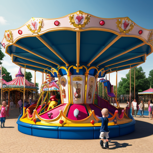 A photorealistic, portrait-oriented image of a vibrant children's amusement park ride, such as a merry-go-round. The scene should be dominated by #FF7F50 orange and blue color scheme. Focus on a close-up or medium shot composition, do not have people in it