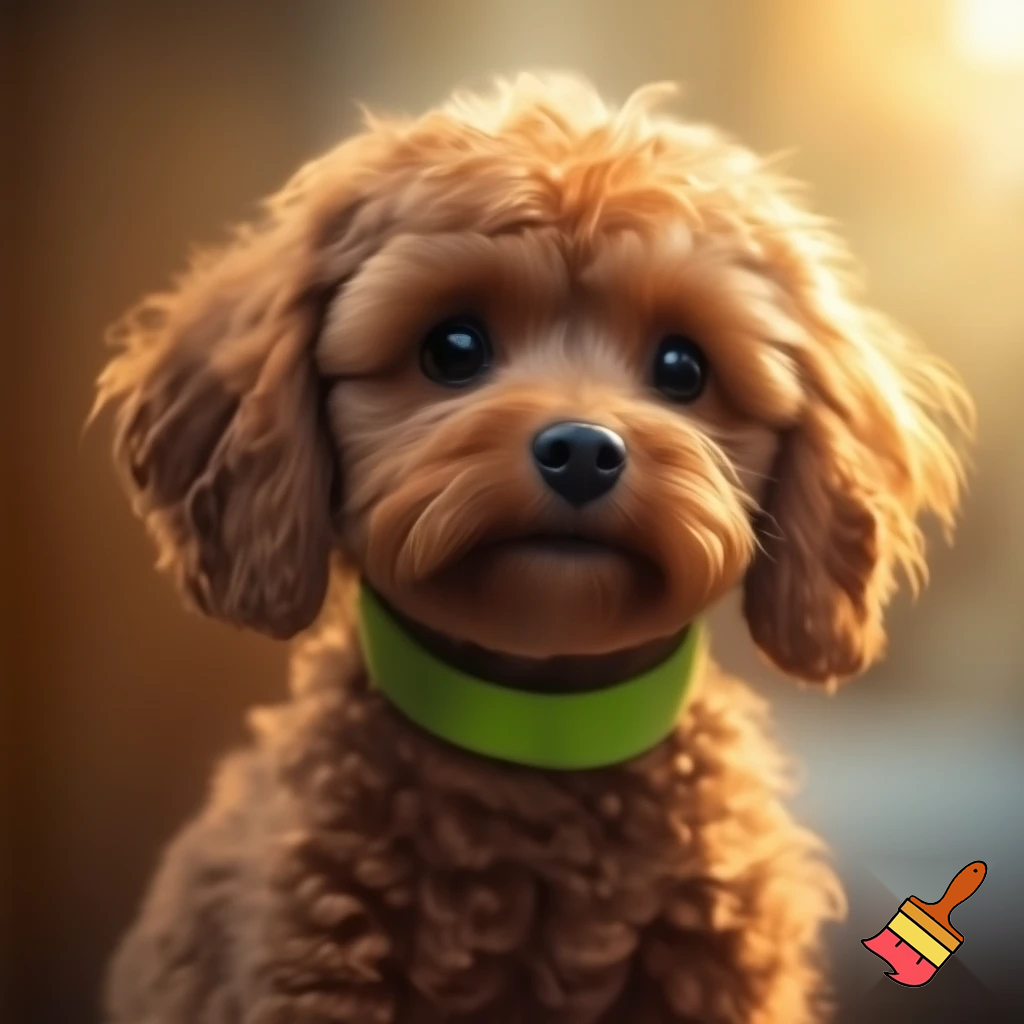small brown curly haired dog with green collar