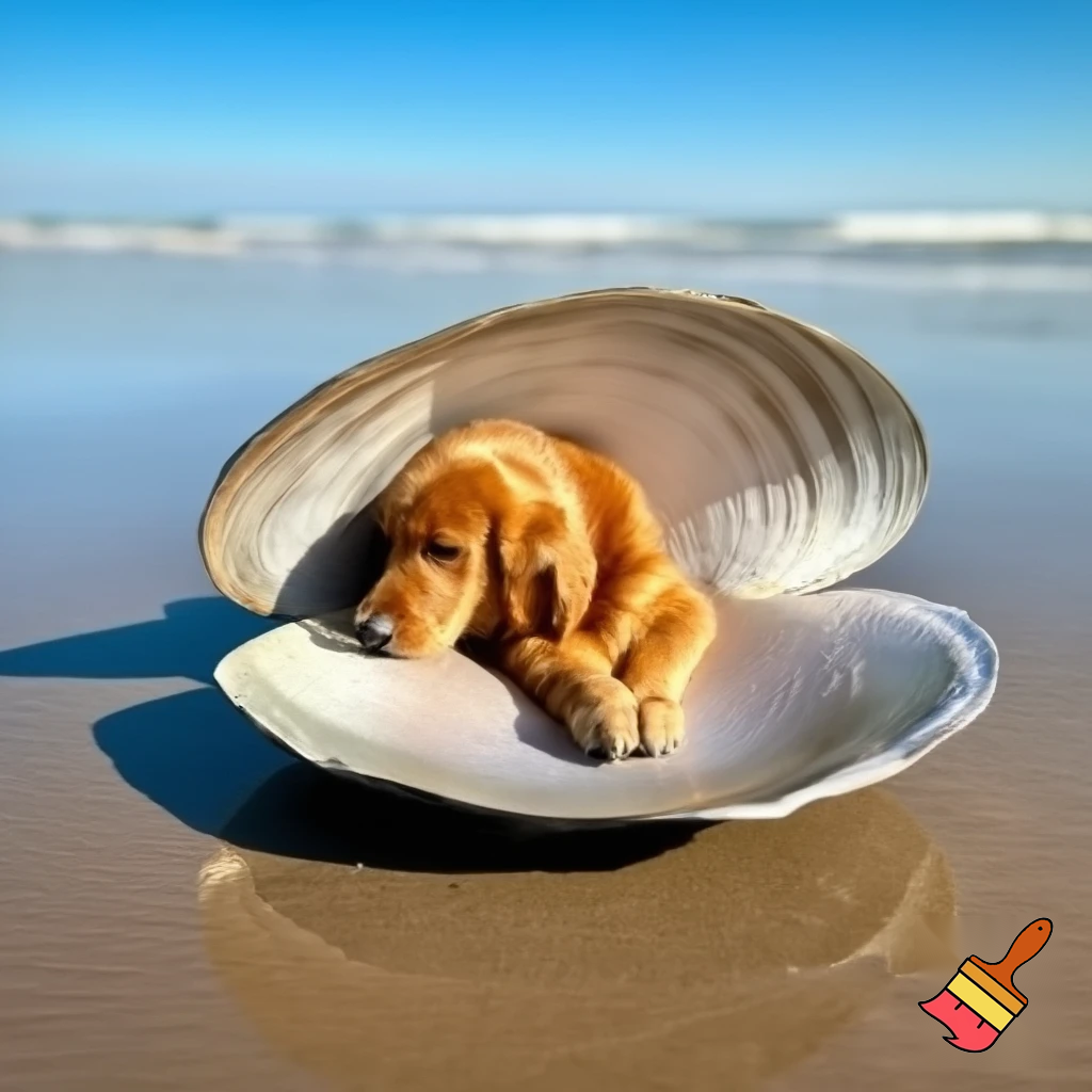 een grote mossel met een golden retriever erin die op het strand ligt