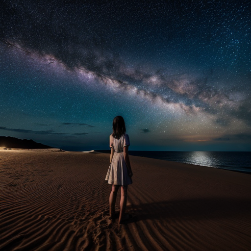 A girl amidst the sand, with the sea before her, gazing at the stars
