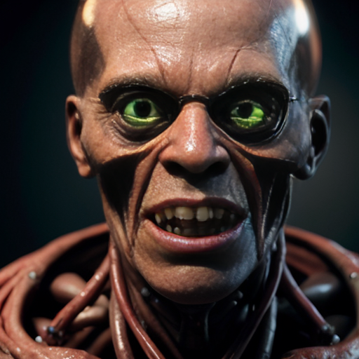 A 9 :16 aspect ratio pic of Photorealistic close-up portrait of a grotesque, skinless biomechanical face made of raw, glistening red muscle, veins, and sinew. Wide staring eyes and a gaping mouth filled with stringy fleshy fibers. The head is encased in a clear glass dome helmet with metallic tubes connecting to the jaw and neck. The creature wears a blue garment at the shoulders. Cinematic lighting, wet textures, highly detailed sci-fi body horror, 8k resolution.