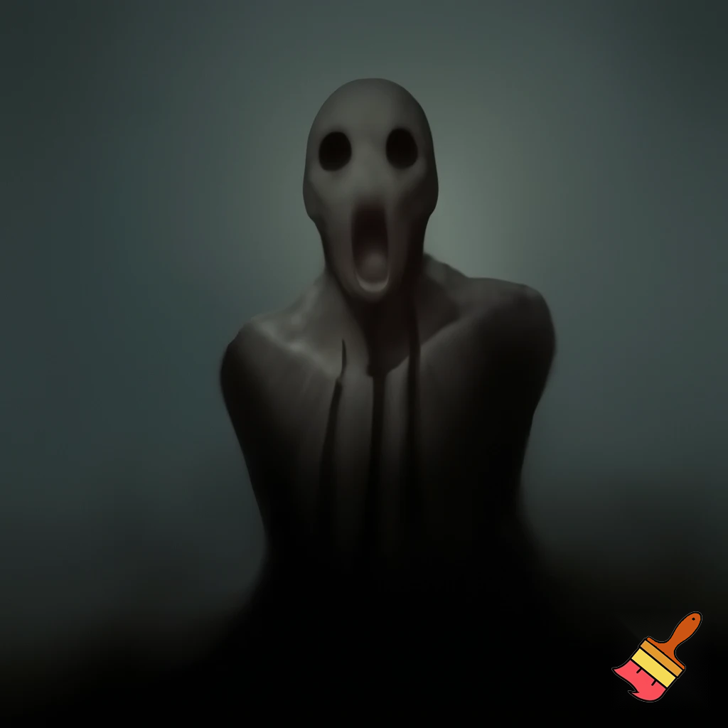 Quiero generar una imagen de terror donde una entidad sin ojos emerge de la oscuridad. Su cuerpo está parcialmente cubierto por sombras, con la boca abierta en una expresión inquietante, como si estuviera observando directamente al espectador e invadiendo su espacio. La atmósfera debe transmitir una sensación de miedo y tensión, con iluminación tenue y un fondo sombrío que aumente el horror.