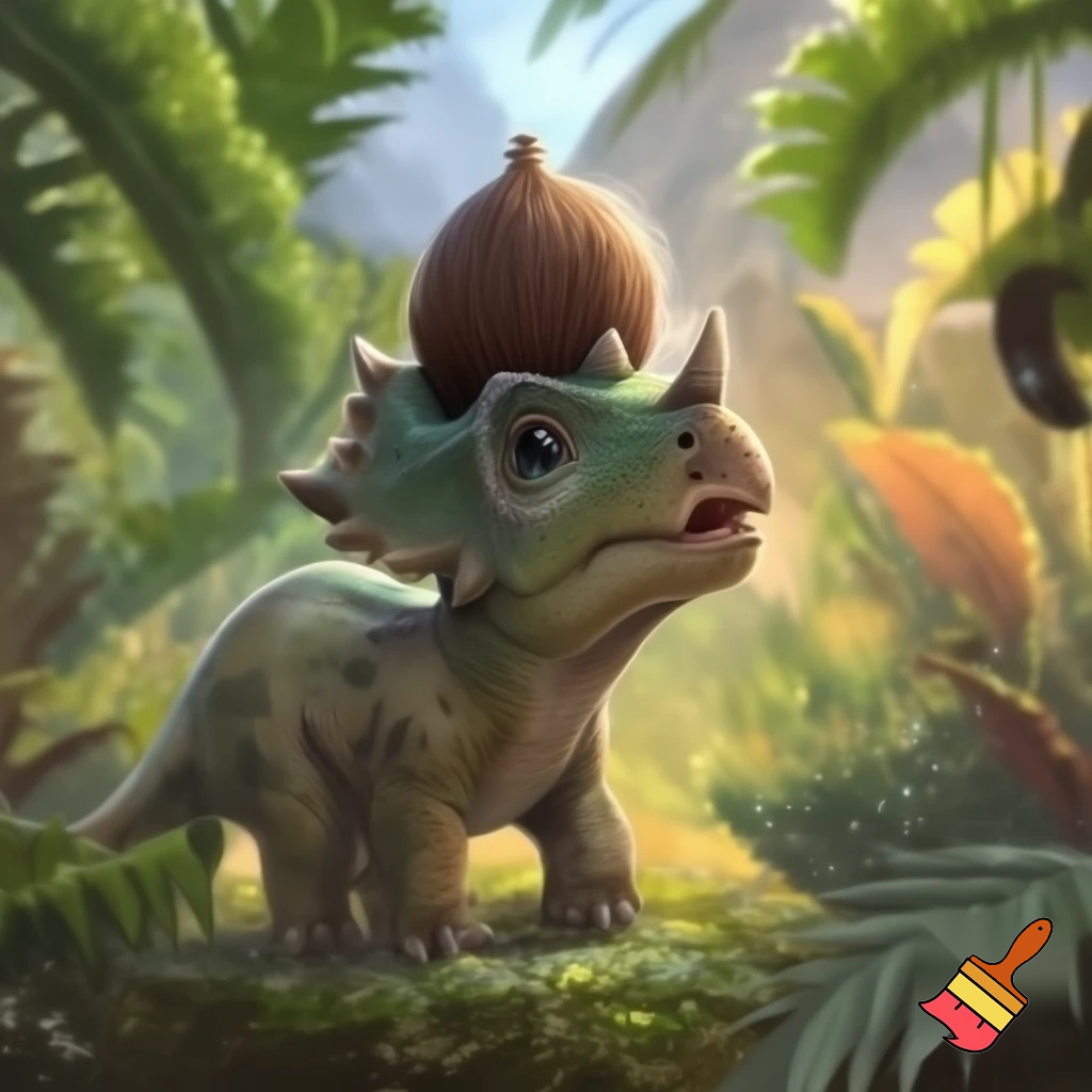 Draw a cute baby triceratops in the wild with a coconut nut shell on his nose horn 