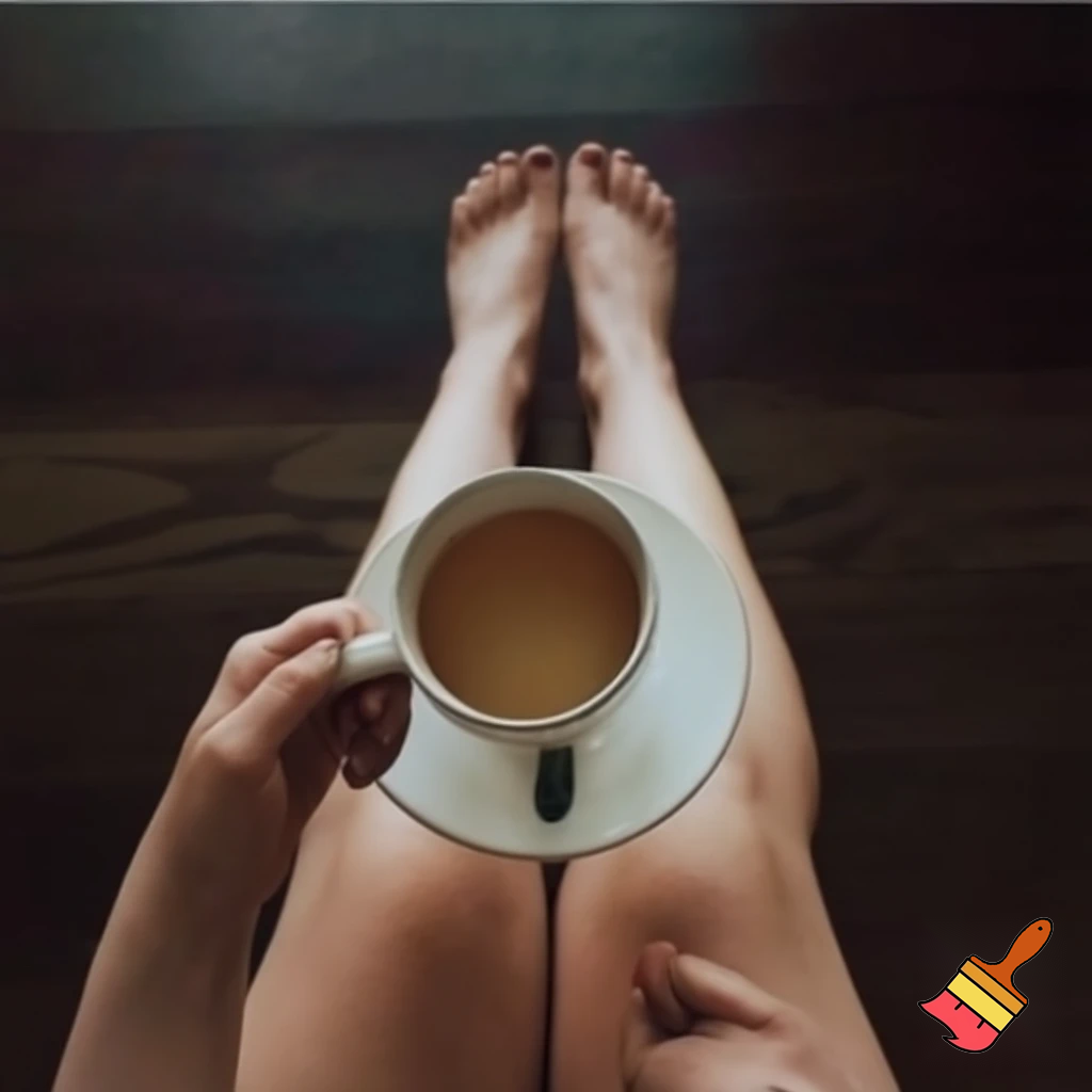 Naked person drinking tea with her legs wide open

