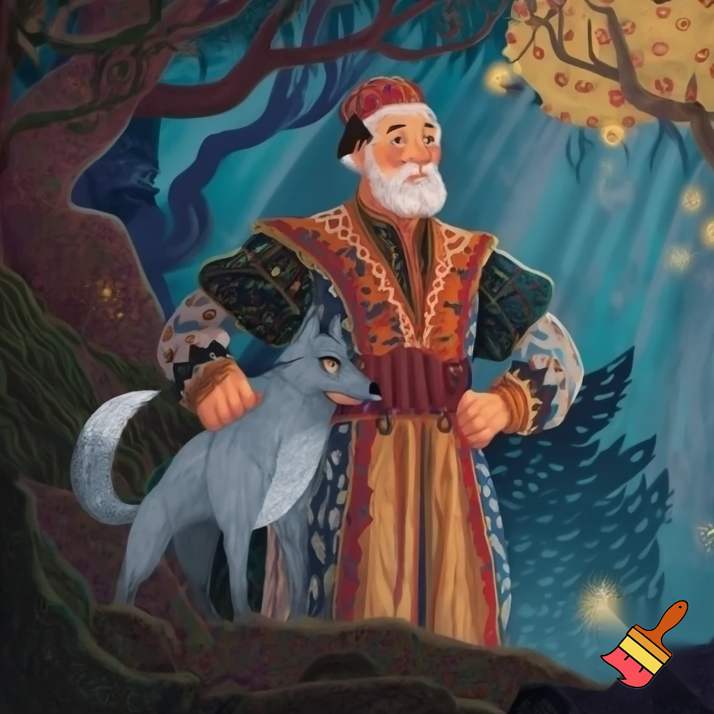 создай картинку в стиле народной сказки Иван Царевич и Серый волк   использую ИИ

