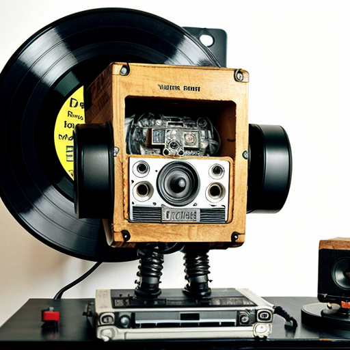 Rétro robot with a vhs tape as a head, a speaker for a body and a vinyl for a wheel