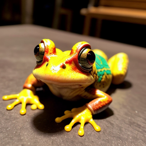 A hillarious, funny boho toad with some hippie colored coffee cups. Psychedelic decorated background, hyperrealistic. Close-up view.