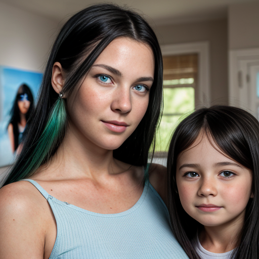 create a family photo with a mom whos  26 years old  and make her have black long hair with light blue eyes. with her boy triplets 2 years old with black hair and green eyes and then with her triplet daughters who are 16 make them have blue eyes with black long hair and make all of them together in a photo all 7 of them