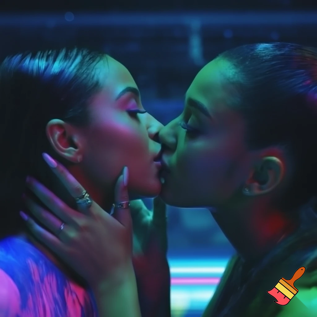 ariana grande and beyonce kissing in sweaty neon environnement hot +18