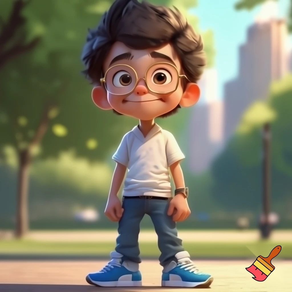 a boy standig he has a white skin coulor and black short hair he has bleu geans and a white bloes and bleu airmax shoes and he is whereing gold glasses and he is 12 years old and his hair is fully black and he is a bit taller and his skin is super light brown and he is super tall and looks happy



