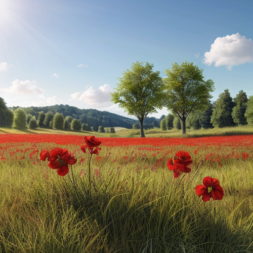 red flowers in a sunny meadow, photorealistic
