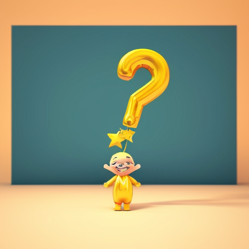 A cheerful smiling question mark character, cartoon style, bright yellow color,  colorful whimsical background with floating stars and sparkles, joyful atmosphere, 3d render style, high detail, cute and inviting.