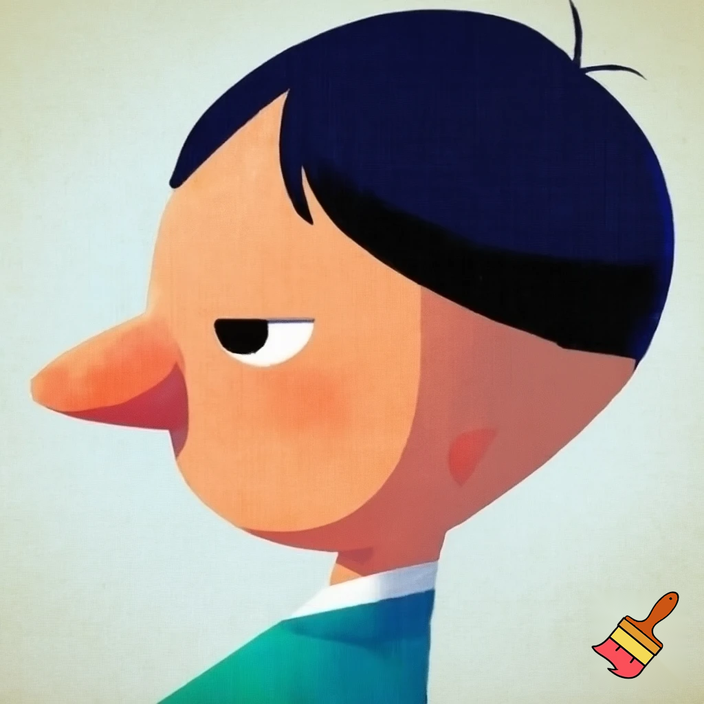A 2d side view boy with a big pointy nose and a square head