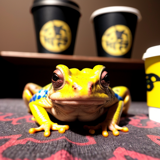 A hillarious, funny boho toad with some hippie colored coffee cups. Psychedelic decorated background, hyperrealistic. Close-up view.