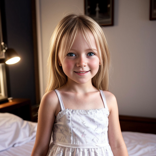 swedish blonde little girl  at night dress, very beautiful, on the bedroom