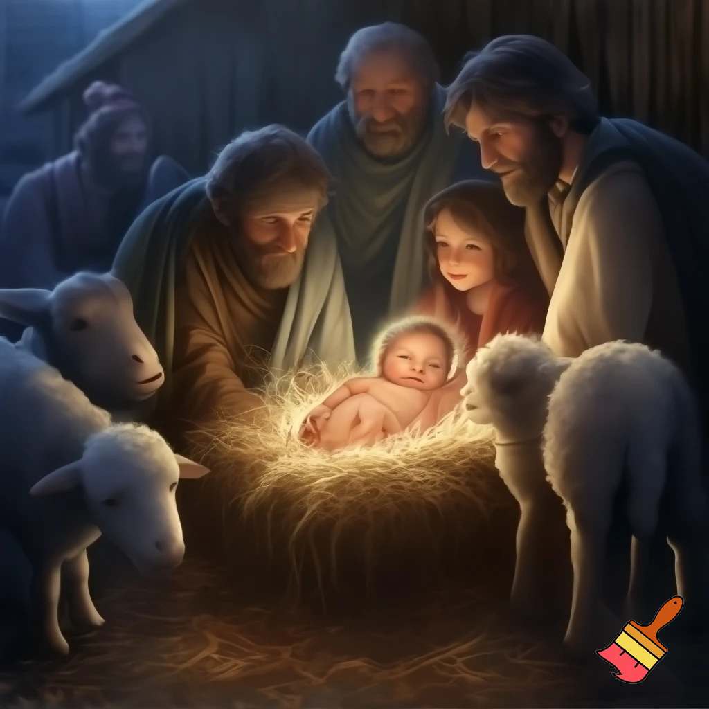 Imaginea unui prunc mic și grăsun, născut noaptea într-o iesle săracă, înconjurat de oi, un măgwruș, mama sa și câțiva pastori. 