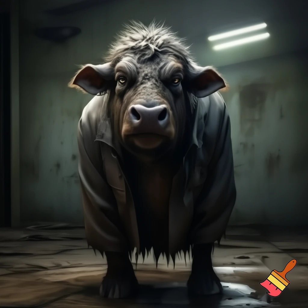 water buffalo:
mug shot standing
evil 
sinister
prison outfit
with colour

