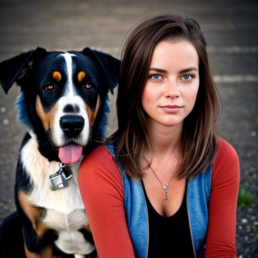 una ragazza con i capelli mossi e marroni e gli occhi azzurri vicino a un cane bovaro del bernese. vestiti techno .sopra la foto scrivi giulia e rock
