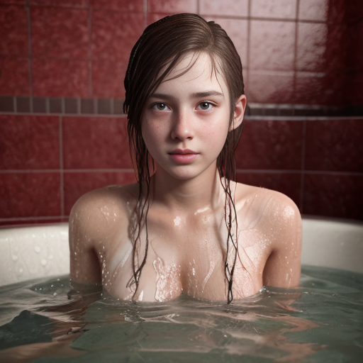 girl teen winter, a showers in red water