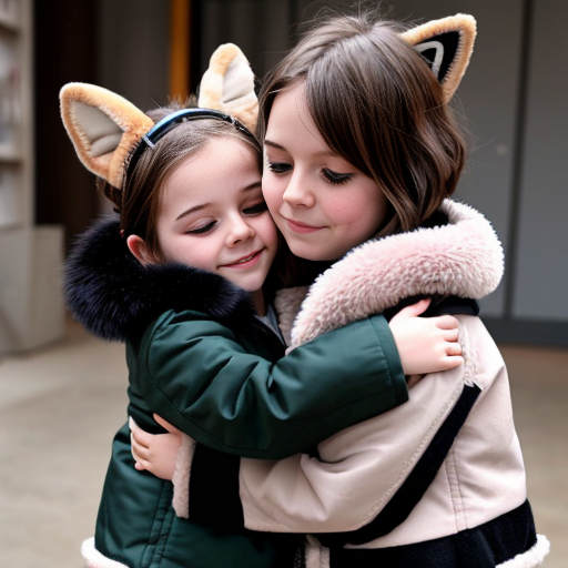 A cute little girl with a faux fur jacket that looks like fox fur, and she has fox ears. She is hugging a little boy and kissing him