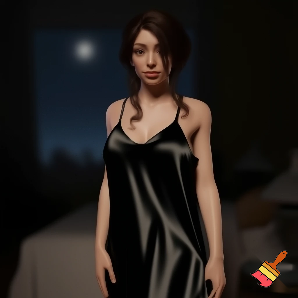 Brunette woman in full length black satin nightgown