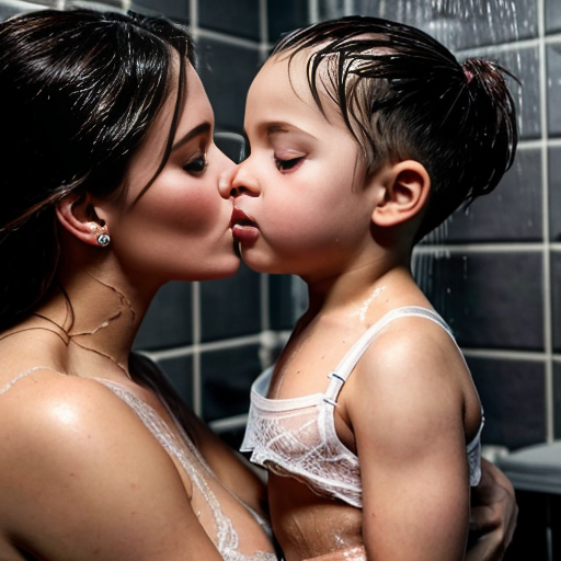 Genera la imagen real de 3 niñas pequeñas de 6 años, en la ducha, vestidas con lenceria de encaje transparente con su padre besandose