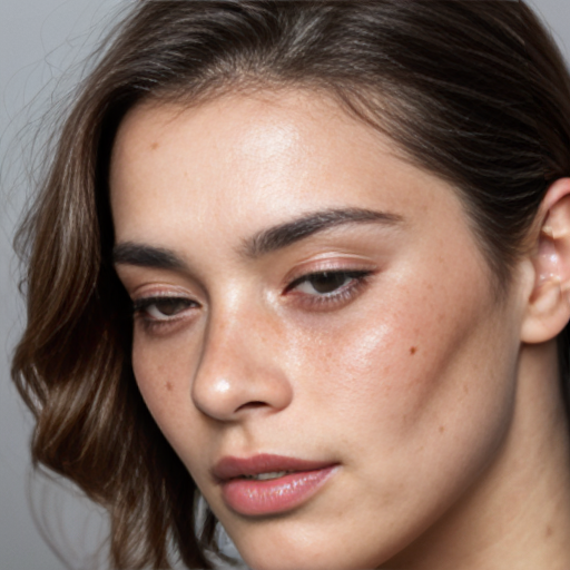 Using the uploaded image as the visual reference, generate a photorealistic intimate editorial portrait with very strong analogue film grain and visual ambiguity.

An extreme close-up side profile of a human face, tightly framed from the chin to the closed eye. The head is slightly tilted upward. Eyes closed. Expression serene, inward, detached from the viewer.

Two pale flower petals appear in contact with the face — one near the bridge of the nose, one brushing the lips.

The flowers must not read as complete objects.
Only partial petals and fragments of stems are visible.

– No visible beginning of the stems
– No visible ending of the stems
– No clear attachment point
– No readable direction of support

The stems should enter and exit the frame softly, partially dissolved by depth of field, grain, and shadow, creating uncertainty about how the flowers are held or suspended.

The flowers feel momentary, fragile, and almost accidental — as if caught mid-breath or mid-thought.

Skin texture is fully preserved and emphasized: pores, freckles, small moles, uneven tone. No retouching, no smoothing, no beauty finish.

Lighting is soft, natural, and directional, coming from the side. Highlights are muted and diffused. Shadows are deep but gentle, shaping the profile without clarity edges.

The background is dark, undefined, and grain-heavy, dissolving into shadow with no readable space.

Film grain is very strong and organic, resembling high-ISO analogue film or an imperfect fine-art scan.
Grain is uneven, tactile, and layered — not digital noise.
Slight softness and micro-blur are present, reducing clarity and preventing object sharpness.

Color palette is muted and earthy: warm skin tones, off-white petals, deep neutral shadows. Editorial grading with low contrast and soft tonal transitions.

Depth of field is shallow and imperfect:
– face and petals gently readable
– edges and stems dissolve into grain

Overall feeling: intimacy, impermanence, fragility, ambiguity, breath, tactile presence.

High-end photorealism with intentional analogue imperfections. No stylization, no fantasy. No text, no logos, no watermark.