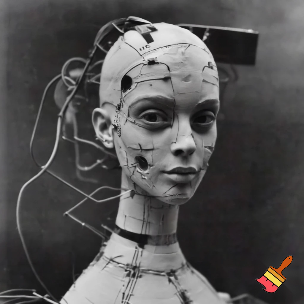 Bio-mechanical girl portrait, noise art. In the style of a 1920's German Expressionism. Black & white.