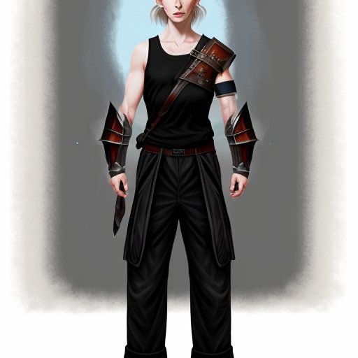 digital painting of an elven androgynous person with pale white skin, long wavy brown hair dressed in all black tank top, wide pants and practical clothing meant for combat (but not armor) mercenary clothing and carrying a a large sword behind