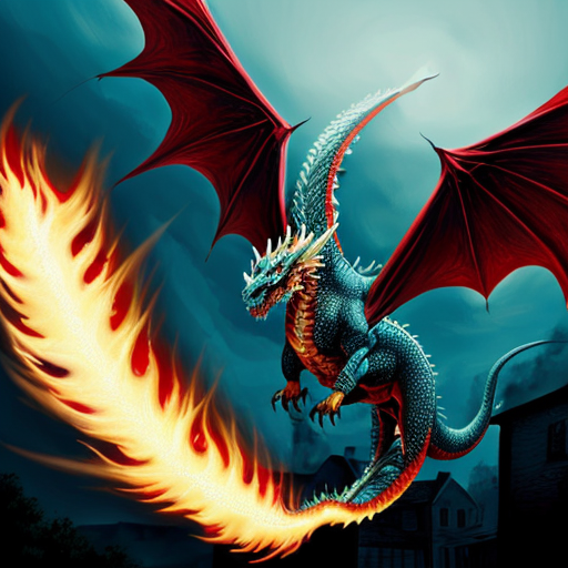 Draw me a mythological dragon flying through a town breathing fire