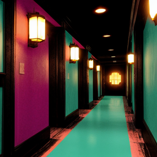 Hyper-realistic, symmetrical deep perspective photograph of a vintage hotel corridor. Saturated magenta-pink floor and cyan-blue walls define the color palette. A row of numbered six-panel doors recedes into the distance. At the far end, centered under a warm golden-yellow lantern fixture, stands a lone, emaciated, monstrous humanoid with pale, mummified features. Crucially, massive, grotesque, dark shadows of multiple-limbed monstrous forms are projected onto the foreground walls on both sides, creating an oppressive atmosphere. Textures are detailed, and the lighting is dramatic and cinematic.
